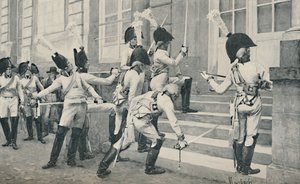 Die preußische Adelsgarde schärft ihre Schwerter auf den Stufen der französischen Botschaft in Berlin, 1896 von Unbekannt