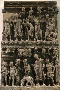 Das Victoria and Albert Museum. Relief, das einen Mordversuch auf Buddha zeigt. 100-200. Schiefer. Gandhara/Nordwestpakistan. Vereinigtes Königreich von Unbekannt