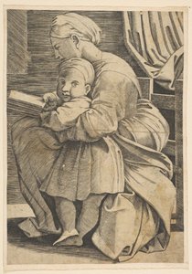 Die Jungfrau liest mit dem Christuskind, Frau im Profil nach links sitzend, ca. 1515-1600 von Unbekannt