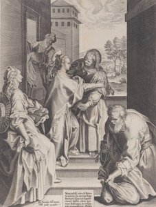 Die Heimsuchung, die Jungfrau und die heilige Elisabeth umarmen sich in der Mitte, flankiert von anderen Figuren, 1589 von Unbekannt