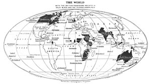 Die Welt mit den britischen Besitzungen in Schwarz und den unterstrichenen Inseln, 1924