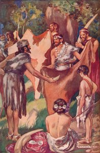 Die Anfänge des Handels: primitive Menschen tauschen Elfenbeinstoßzähne und Stierhäute, 1907 von Unbekannt