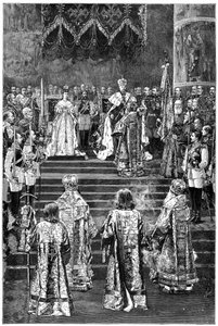 Die Krönung von Kaiser Alexander III. und Kaiserin Maria Fjodorowna, 1883, spätes 19. Jahrhundert von Unbekannt
