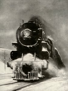 Die Wut des Schneesturms beeindruckt diese riesige Lokomotive nicht, 1935
