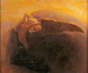 Die goldene Sonne weckt den Mond, dargestellt als geflügelte Frau