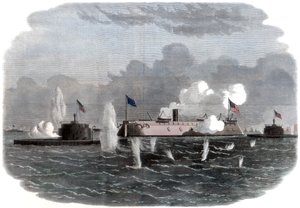 Das gepanzerte Kriegsschiff, New Ironsides, und zwei Ericsson-Batterien im Einsatz bei Charleston