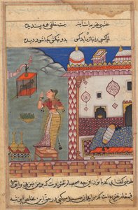 Der Papagei spricht Khujasta zu Beginn der siebenundzwanzigsten Nacht an, recto von Folio 185 aus Akbars Tuti-nama (Geschichten eines Papageis)
