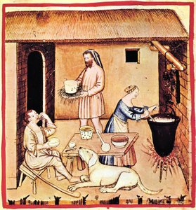Die Käseproduktion. Eine Miniatur aus Tacuinum Sanitatis, zweite Hälfte des 14. Jahrhunderts von Unbekannt