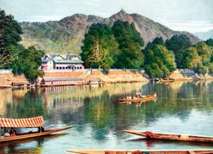 Der Fluss Jhelum und das Clubhaus in Srinagar, Indien, frühes 20. Jahrhundert