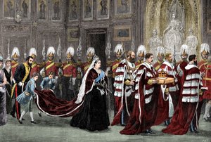 Der königliche Prozessionszug im Westminster Palace auf dem Weg zum House of Lords, 1886, 1900 von Unbekannt