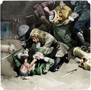 Thomas Blood versucht, die Kronjuwelen aus dem Tower of London zu stehlen, 1671, 1937 von Unbekannt
