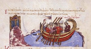 Thomas der Slawe flieht zu den Arabern, Miniatur aus dem Madrid Skylitzes, 11.-12. Jahrhundert