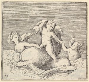Drei Cupidos und zwei Delfine, veröffentlicht um 1599-1622