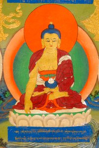 Tibetischer Buddhismus; farbenfrohes Wandgemälde, das den Buddha in Meditation zeigt; Bhumisparsha Mudra; Bhumisparshamudra, die Mutter Erde herbeiruft; Palast des Panchen Lama; Tashilhunpo-Kloster; Shigatse; Himalaya; Tibet Autonome Region; Volksrepublik  von Unbekannt