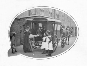 Zur Schule mit dem Krankenwagen, London, ca. 1903
