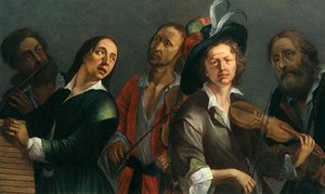 Querflöte, Xylophon, Bratsche und Violine, unbekannter tschechischer Maler der zweiten Hälfte des siebzehnten Jahrhunderts