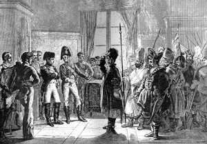 Zar Alexander I. präsentiert russische Truppen Napoleon, 8. Juli 1807