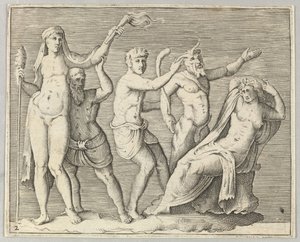 Zwei Figuren, ein Faun und ein Satyr nähern sich einer liegenden Frau, veröffentlicht ca. 1599-1622