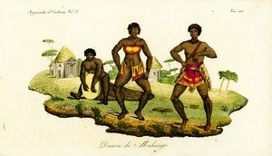 Zwei Mahungo-Frauen tanzen den Semba zu Musik von einer aus einem Baumstamm geschnitzten Trommel in Angola von Unbekannt