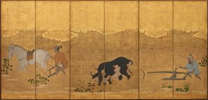 Zwei Bauern pflügen und eggen ein Reisfeld, Edo-Periode, 1615-1868 von Unbekannt