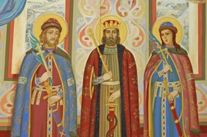 Ukraine, Kiew, St. Michaels Orthodoxes Kloster (ursprünglich 1108, rekonstruiert 2001), Außenfresko von Unbekannt