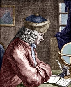 VOLTAIRE, Francois-Marie Arouet - Porträt von Voltaire bei der Arbeit. Französischer Schriftsteller, Philosoph, Dramatiker, Dichter 1694-1778. 18. Jahrhundert Gravur. Federkiel von Unbekannt