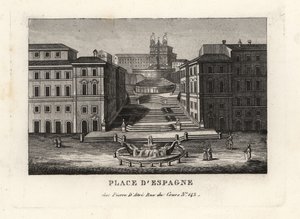 Blick auf die Piazza di Spagna, Fontana della Barcaccia und Spanische Treppe, Rom