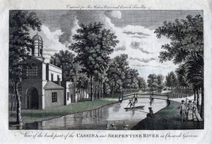 Ansicht des hinteren Teils der Cassina und des Serpentine River in den Chiswick Gardens, London