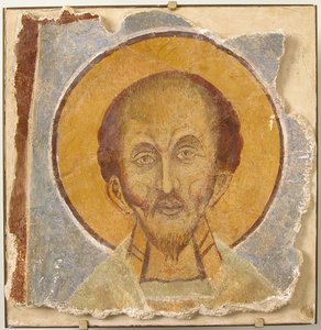 Wandmalerei eines männlichen Heiligen, byzantinisch, 12. Jahrhundert, moderne Restaurierung von Unbekannt