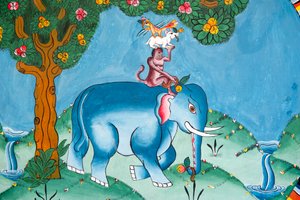 Wand, die die Legende der vier Freunde darstellt; Elefant; Affe; Hase und Hahn; Kharbadi Gompa; Phuentsholing; Königreich Bhutan von Unbekannt
