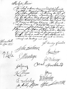 Befehl des Staatsrates an den Lord Mayor von London, ihn und die Aldermen zu bitten, der Proklamation von Oliver Cromwell als Lord Protector des Commonwealth von England, Schottland, Irland und den Dominions am 19. Dezember beizuwohnen von Unbekannt
