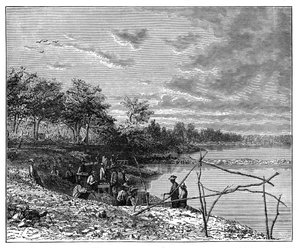 Sandwäsche für Diamanten am Ufer des Vaal-Flusses, Südafrika, ca. 1890