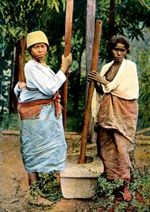 Frauen beim Reisschlagen, Madagaskar, späte 19. Jahrhundert