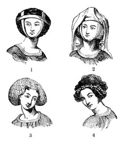 Frauenfrisuren, spätes 13. bis frühes 14. Jahrhundert