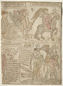 Seite aus der Apokalypse: Die Heuschrecken mit dem Engel des Abgrunds und die sechste Posaune, 1400er Jahre