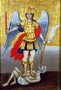 Erzengel Michael: griechische Ikone von den Kykladen, datiert 1817 mit zeitgenössischem Rahmen von Unbekannt Unbekannt