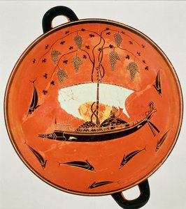 Schwarzfiguriger Kylix, Innenansicht zeigt Dionysos in einem Boot mit einer Rebe, Exekias, Sirenenmaler, 6. Jahrhundert v. Chr.