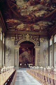 Decke des Eingangs zur Painted Hall, Old Royal Naval College, Greenwich, London
