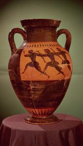 Griechische schwarzfigurige Amphore, darstellend Läufer in einem Rennen, 600-550 v. Chr.