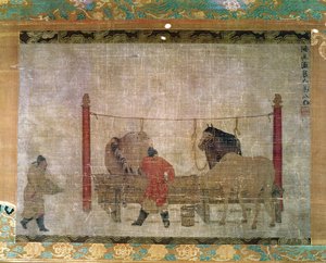 Hängende Darstellung von Stallknechten, die Pferde füttern, Tinte und Aquarell auf Seide, zugeschrieben Jen Jen-Far, chinesisch, 14. Jahrhundert von Unbekannt Unbekannt