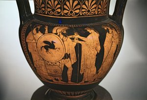Rotfiguriger Krater, darstellend einen Krieger, der aus der Schlacht zurückkehrt von Unbekannt Unbekannt