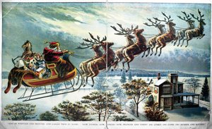 Santas erste Ausfahrt mit Schlitten und Rentieren, Illustration für 