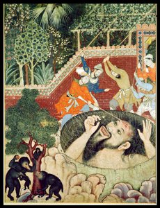 Zumrud Shah fällt in eine Grube und wird von Gärtnern geschlagen, aus dem Hamzanama (Buch von Hamza), aus Indien oder Pakistan, ca. 1562-77 von Unbekannt Unbekannt
