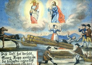 Votivbild von 1806, Verletzung, Holzarbeit, Wallfahrtsmuseum Neukirchen beim Hl. Blut, Cham, Oberpfalz, Bayern