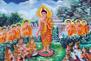 20151029, Vientiane, Laos: Wat Inpeng buddhistischer Tempel. Gemälde, das die Lebensgeschichte von Shakyamuni Buddha darstellt