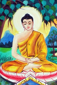 Wat Inpeng buddhistischer Tempel. Gemälde, das die Lebensgeschichte von Shakyamuni Buddha darstellt. Buddha im Meditationspose von Unbekannt