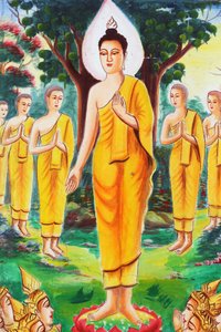 Gemälde, das die Lebensgeschichte von Shakyamuni Buddha darstellt. Der Buddha widmete sich dem Lehren und zog Hunderte von Anhängern an