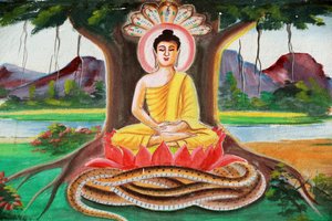 Gemälde, das die Lebensgeschichte von Shakyamuni Buddha darstellt. Buddha im Meditationspose unter dem Bodhi-Baum