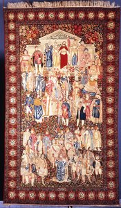 Ein Kirman Maha"ir Teppich, der berühmte Persönlichkeiten der antiken und europäischen Welt darstellt, von Moses bis Napoleon