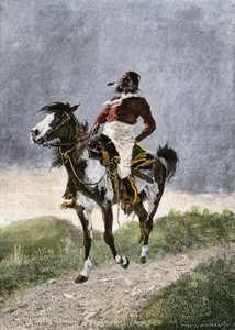 Ein tapferer Comanche, reitet auf einem Pferd in den südlichen Prärien (Texas, Oklahoma, USA), um 1800. Lithographie von Unbekannter Künstler